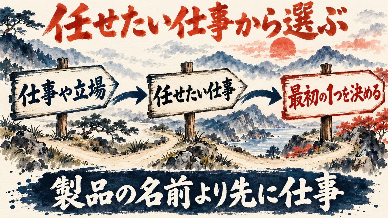 図解。仕事や立場、任せたい仕事、最初の1つの三つの札で、選ぶ順番を描いた水彩画
