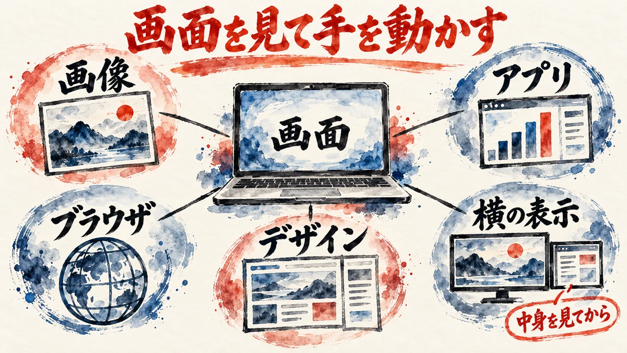 中央の画面のまわりに、画像、アプリ、ブラウザ、デザイン、横の表示の五枚の札を線で結んだ図解