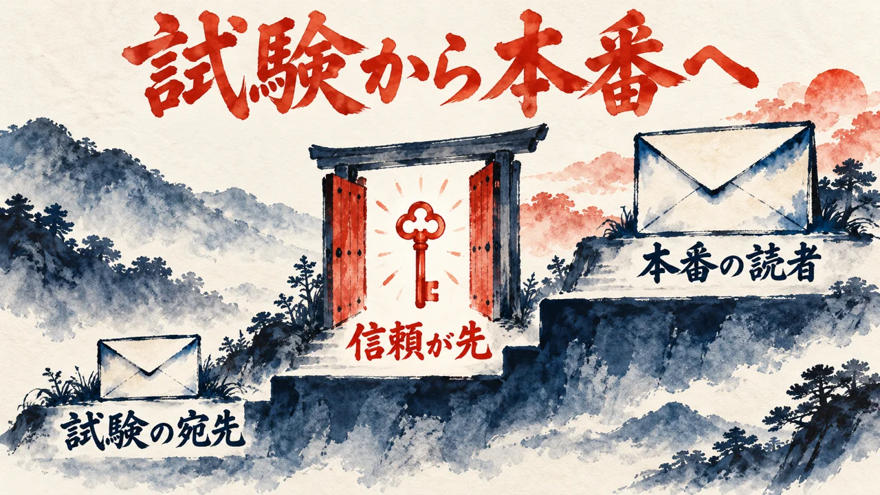 試験の宛先から本番の読者へ上がる二段の階段と、信頼が先と書かれた朱色の鍵を描いた水彩の図解