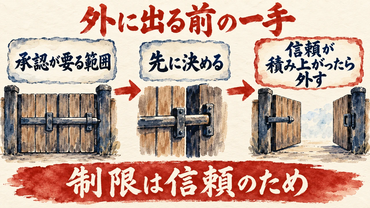 図解。外に出る操作の前に、承認の一手がある流れを、水彩画で描いた図