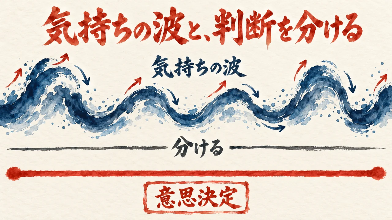 上下に揺れる気持ちの波の線と、その下を一本通る意思決定の線を仕切りで分けた図解