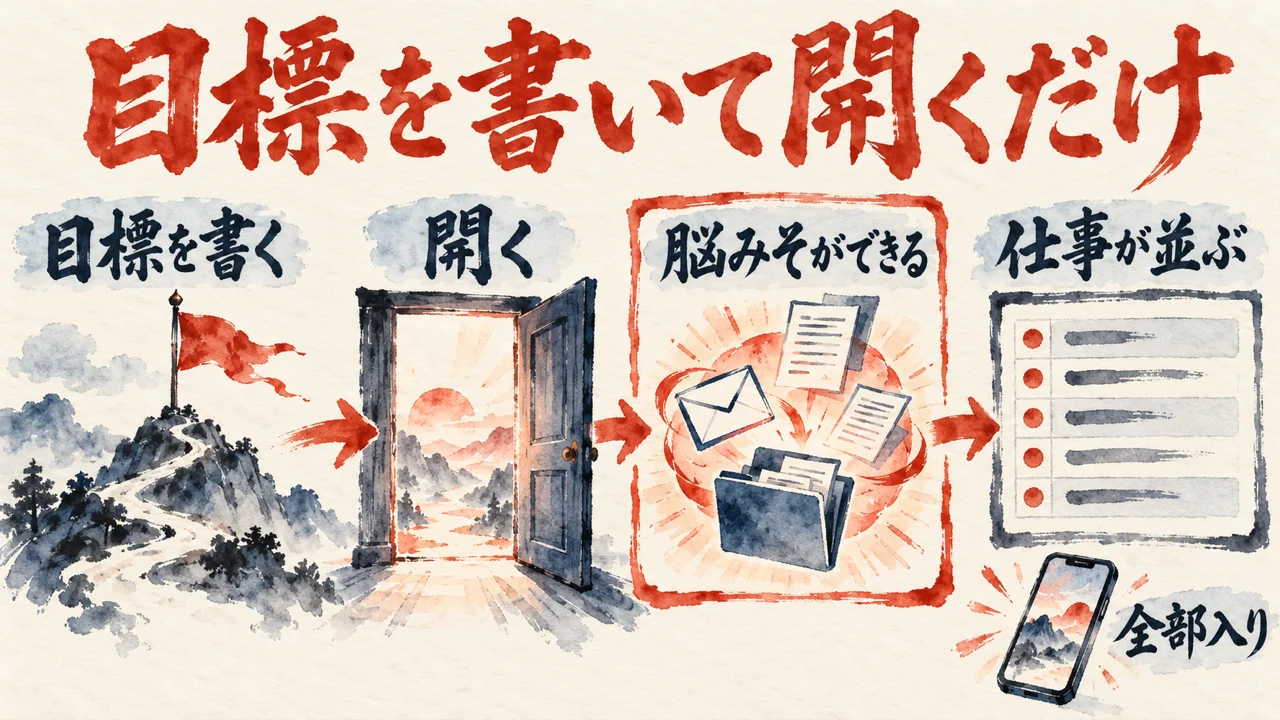 目標を書く、開く、脳みそができる、仕事が並ぶの四つの札を矢印でつなぎ、右下にスマートフォンを置いた図解