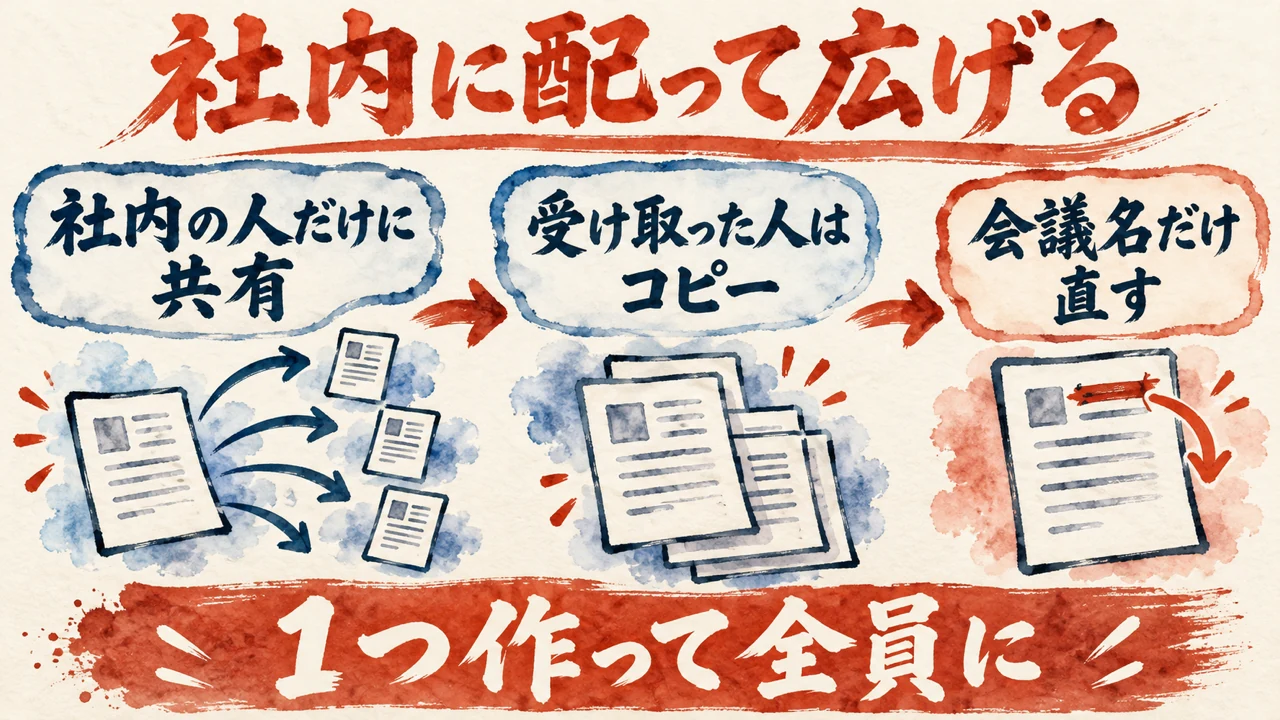 図解。社内の人だけに共有リンクを作る、受け取った人はコピーして使う、会議の名前だけ直す、の三つの札で、配り方を示す