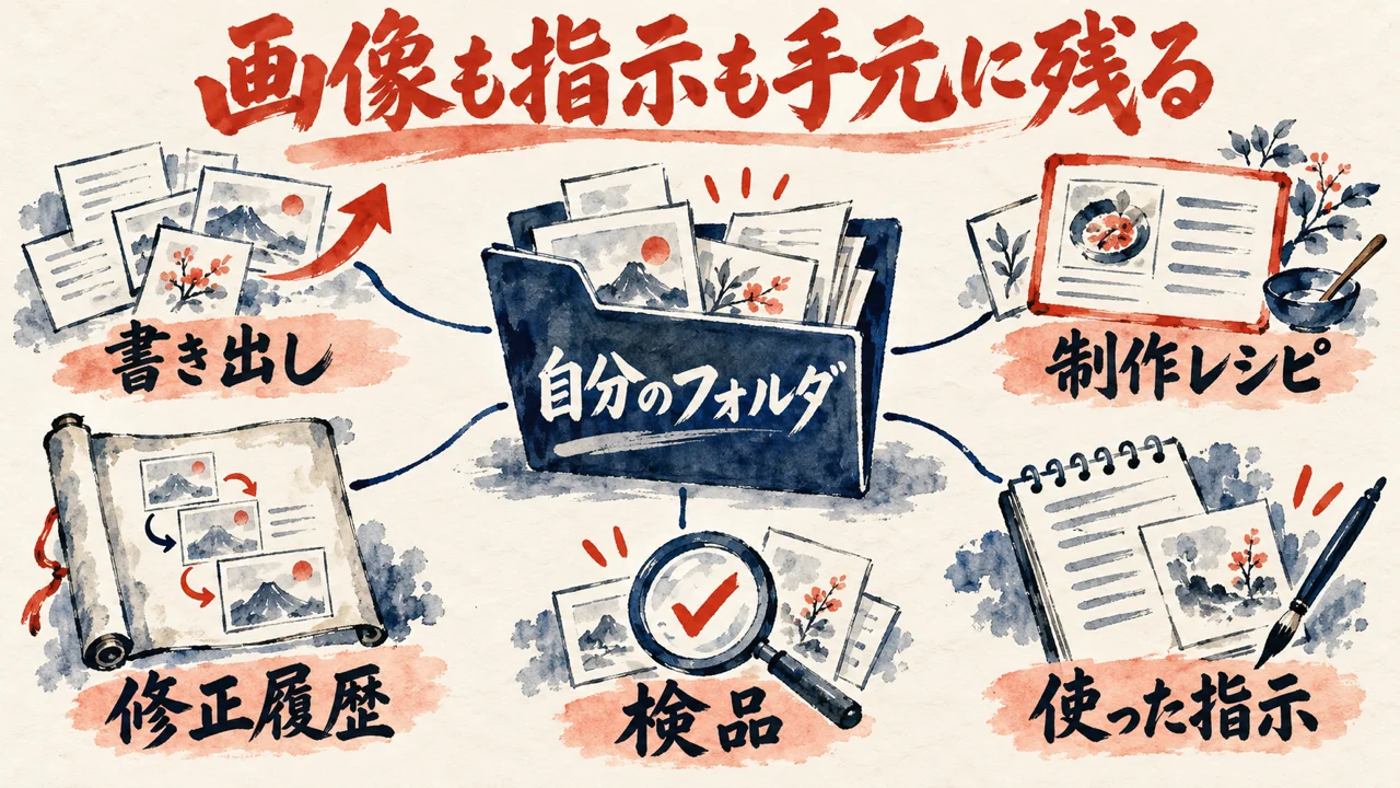 自分のフォルダを中央に、書き出し、制作レシピ、修正履歴、検品、使った指示の五枚の札を線で結んだ図解
