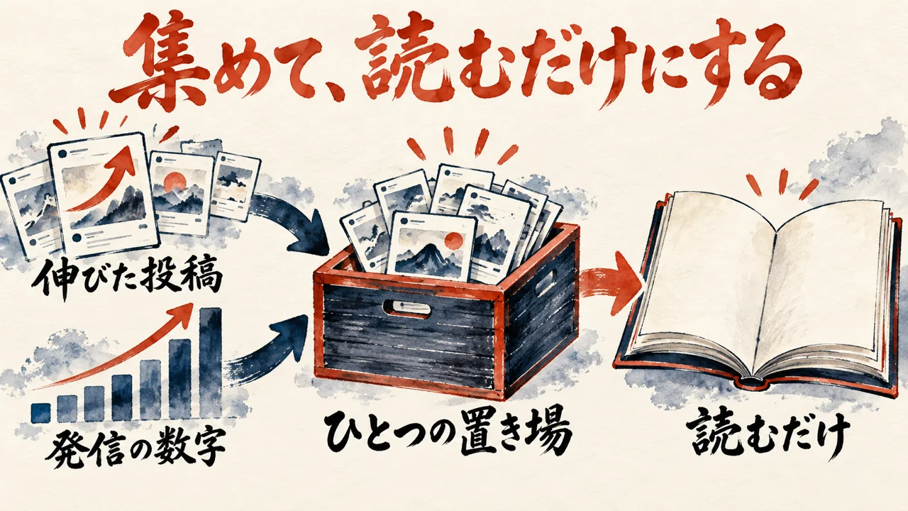 伸びた投稿と発信の数字をひとつの置き場の木箱に集め、人は開いた本を読むだけにする流れを描いた図解