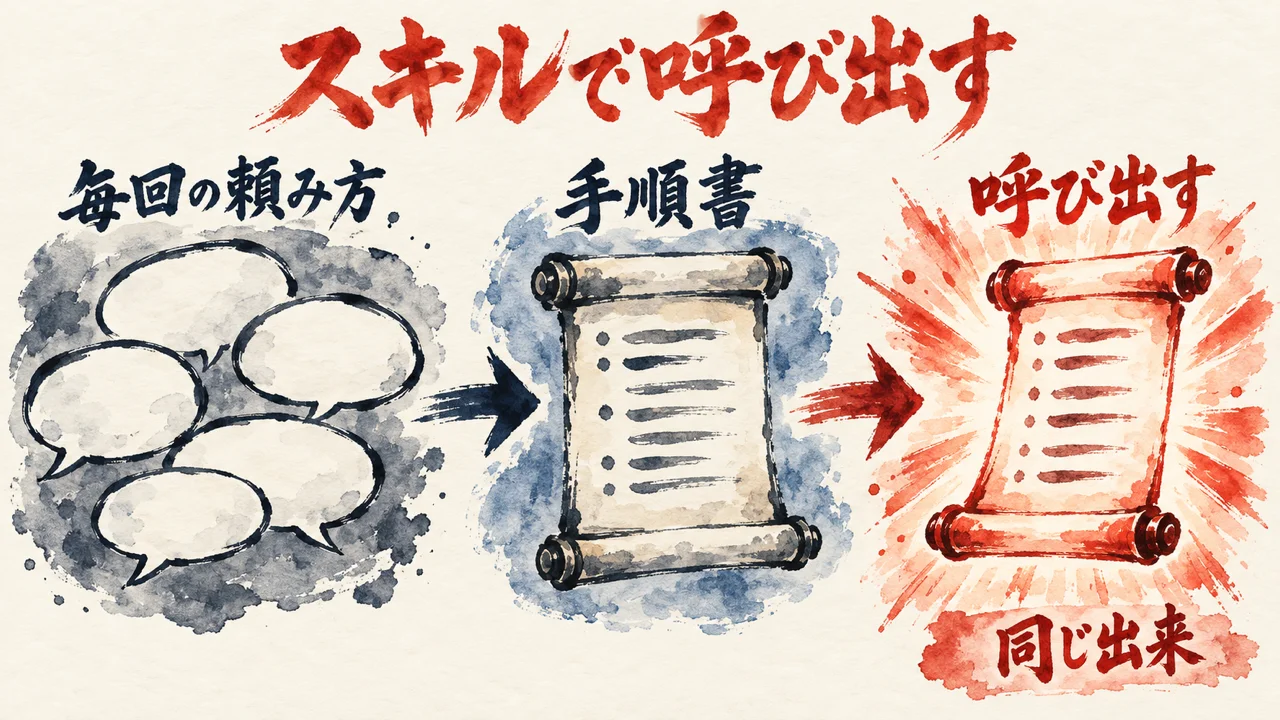 毎回重なる頼み方の吹き出しを、手順書の巻物にまとめ、呼び出す一動作に変えることを示した図解