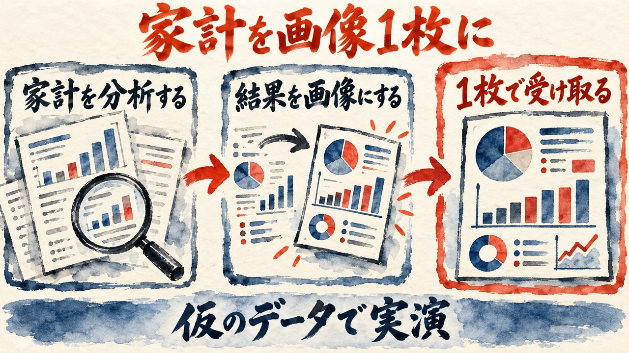 図解。家計を分析する、結果を画像にする、1枚で受け取るの三つの札で、実演の流れを示す