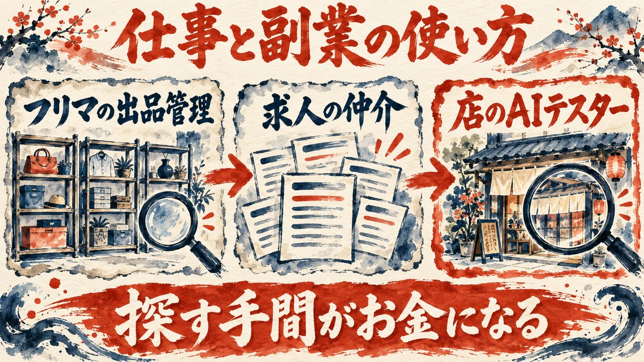 図解。フリマの出品管理、求人の仲介、店のAIテスター、の三つの札が並ぶ