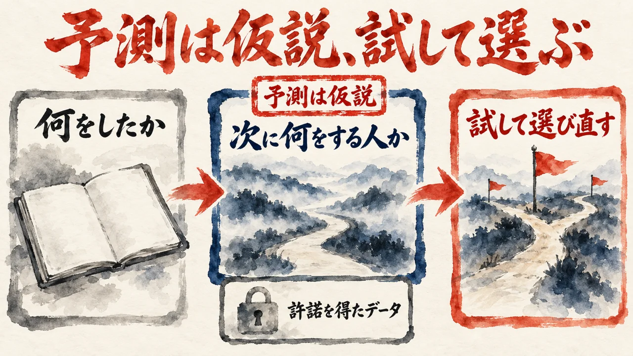 何をしたかの記録から、次に何をする人かの予測へ進み、予測は仮説の判子を押して、試して選び直すに至る図解