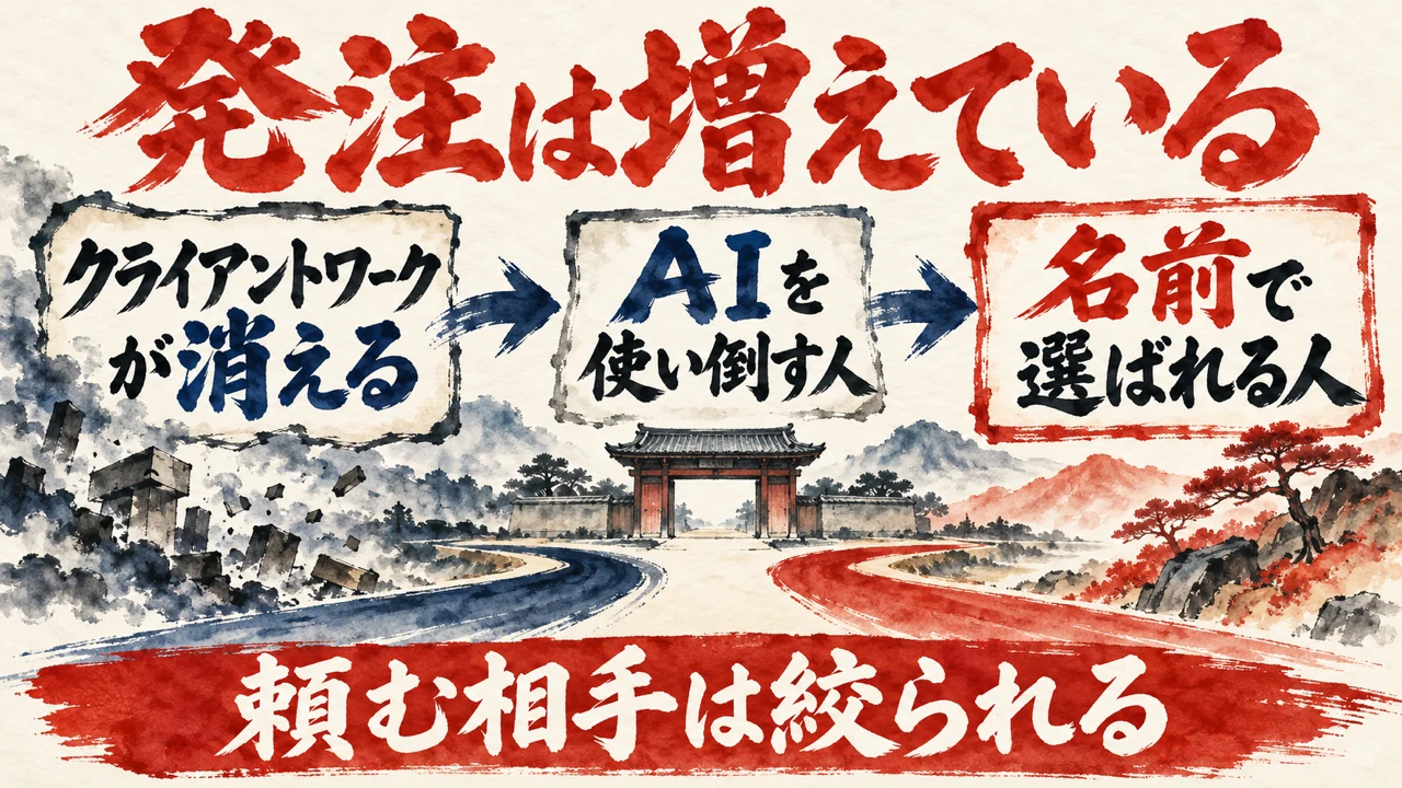 図解。クライアントワークが消える、AIを使い倒す人、名前で選ばれる人、の三つの札があり、二つに分かれた道の絵と、下の帯に頼む相手は絞られると書かれている