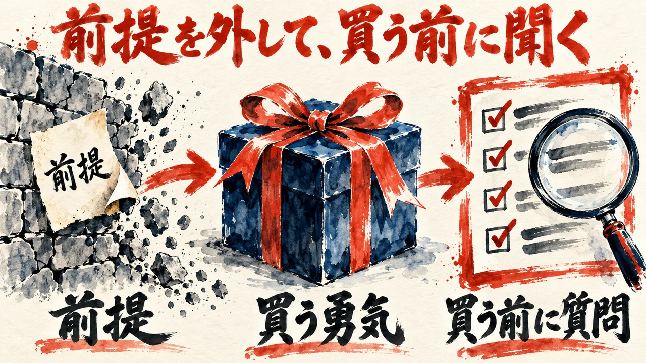前提と書かれた付箋の壁、リボンの付いた買う勇気の箱、虫眼鏡の買う前に質問を並べた流れの図解