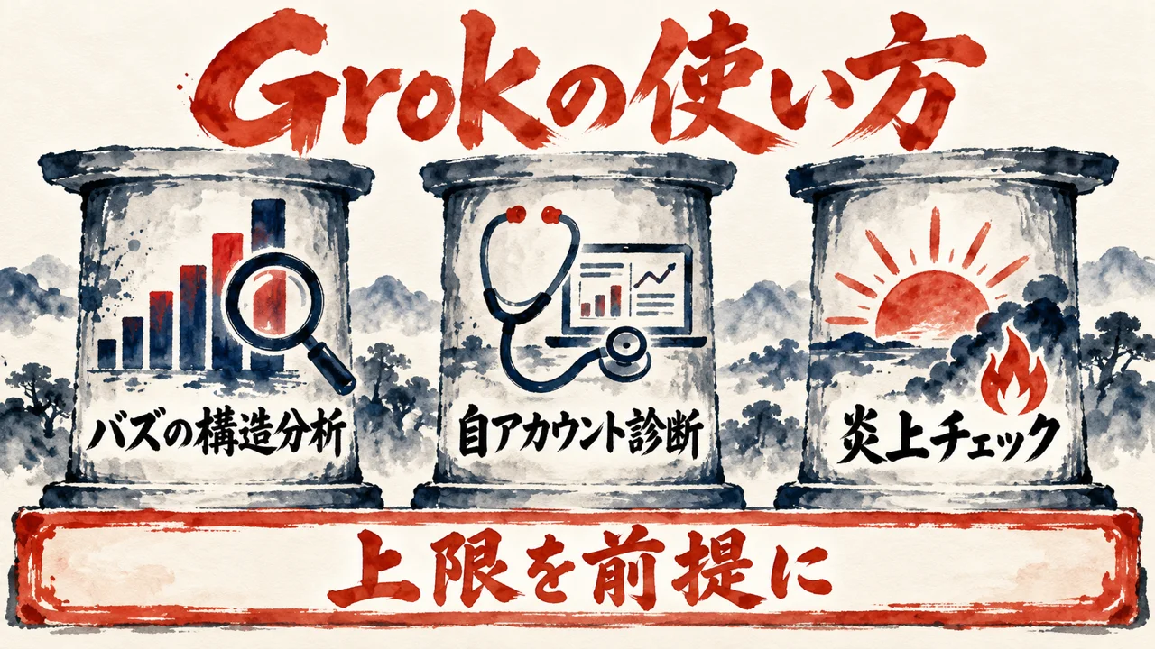 バズの構造分析、自アカウント診断、炎上チェックの三本の柱を、上限を前提に、の土台が支える図解