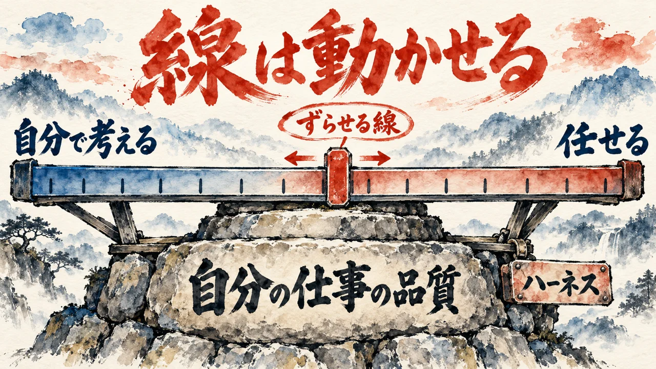 自分で考えるから任せるまでの目盛りの帯の真ん中に、動かせるずらせる線の杭。帯を自分の仕事の品質の石の土台が支え、横にハーネスの札を置いた図解