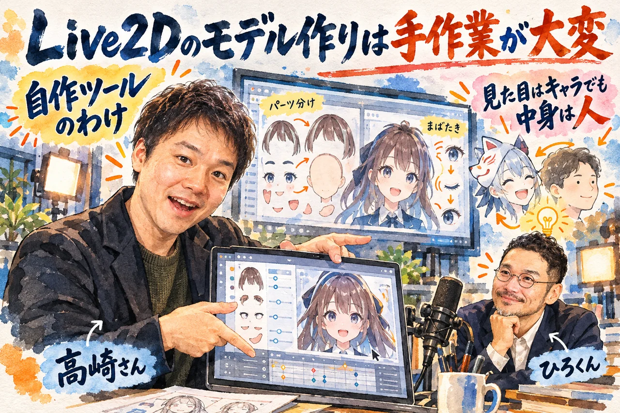 Live2Dのモデル作りは手作業が大変｜高崎さんが自作ツールのわけを話し、見た目はキャラでも中身は人という考えを紹介する場面の図