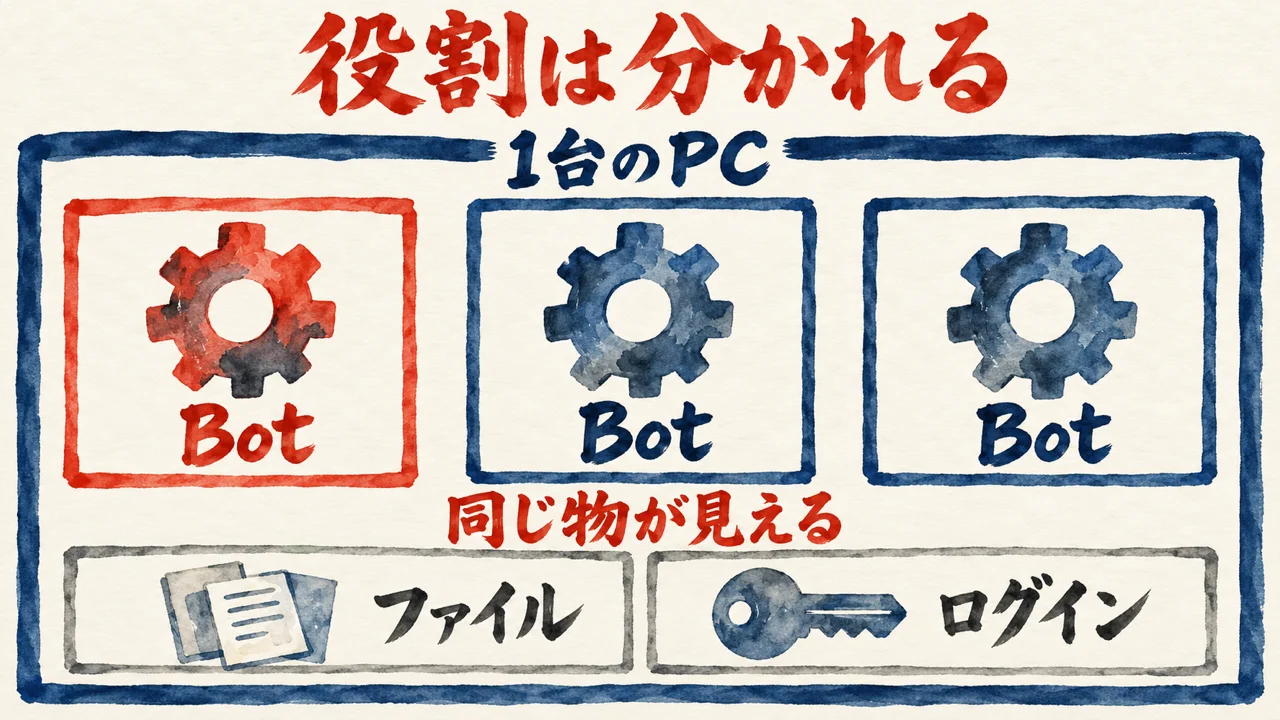 1台のPCの箱の中に三つのBotが並び、下にファイルとログインの札がある図解