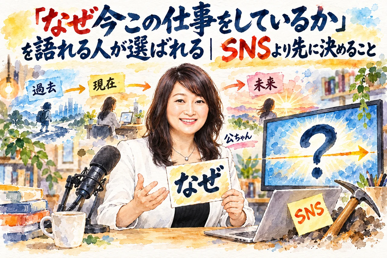 なぜ今この仕事をしているかを語れる人が選ばれる｜公ちゃんがなぜと書いたカードを掲げて話した場面の図