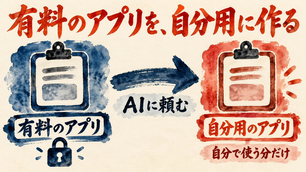 有料のアプリの札から、AIに頼む矢印で、自分用のアプリの札へ進み、自分で使う分だけの札を添えた図解