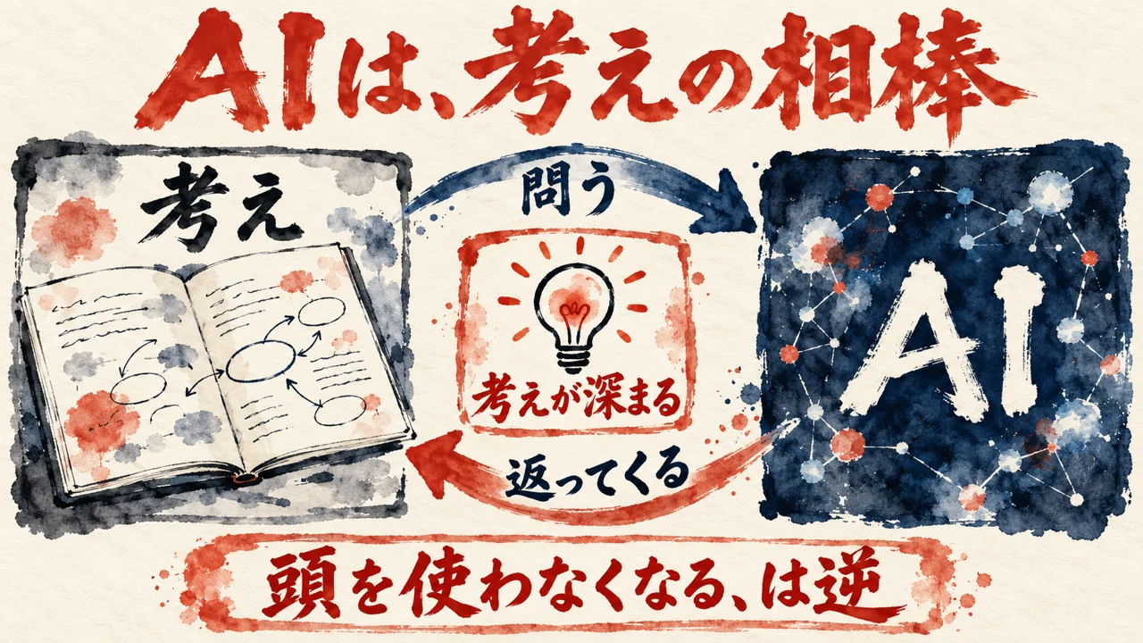 考えのノートとAIの箱のあいだを、問うと返ってくるの矢印が往復し、考えが深まる電球が灯る図解