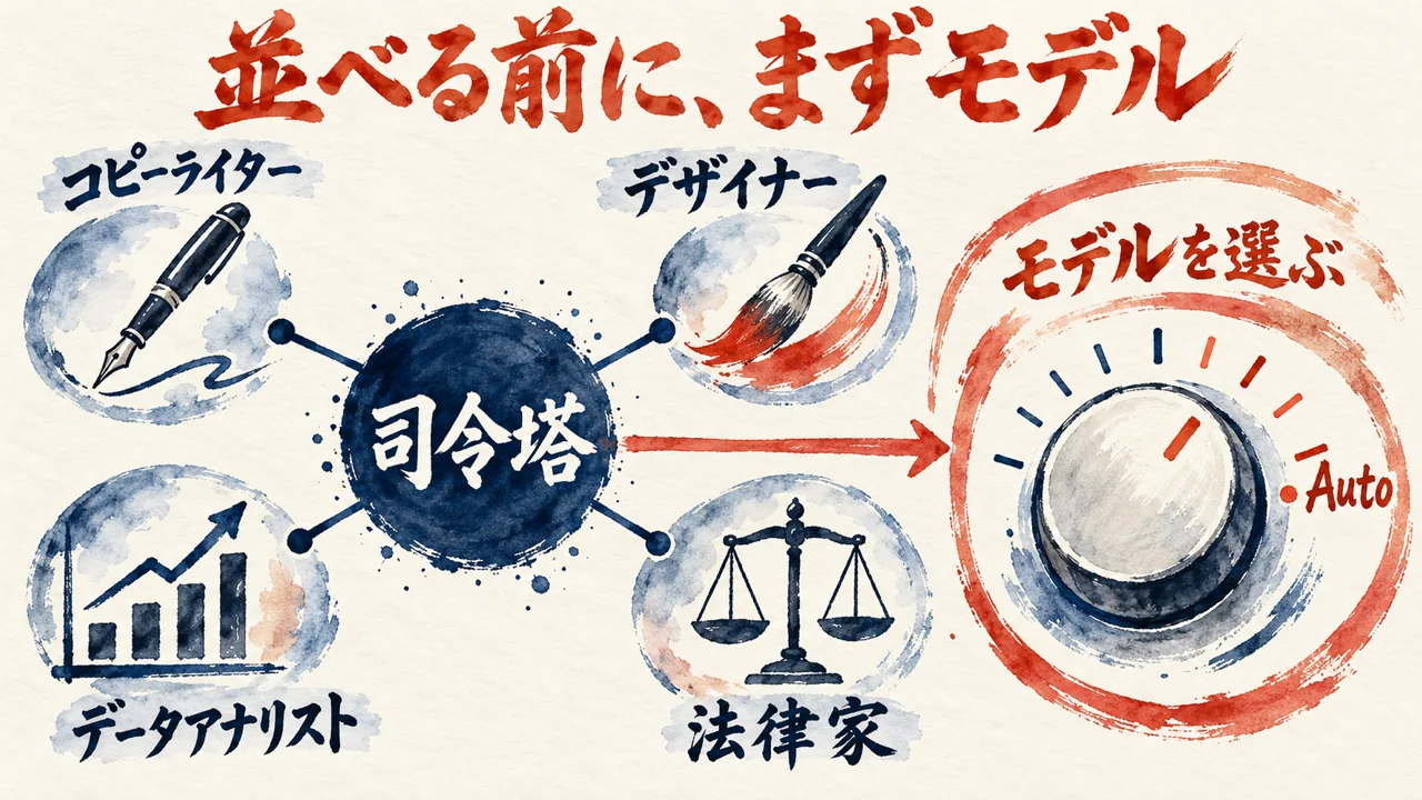 中央の司令塔から、コピーライター、デザイナー、データアナリスト、法律家の4つの道具の絵へ線が伸び、右のモデルを選ぶダイヤルへ矢印が向かう図解。ダイヤルの端に Auto の目盛り