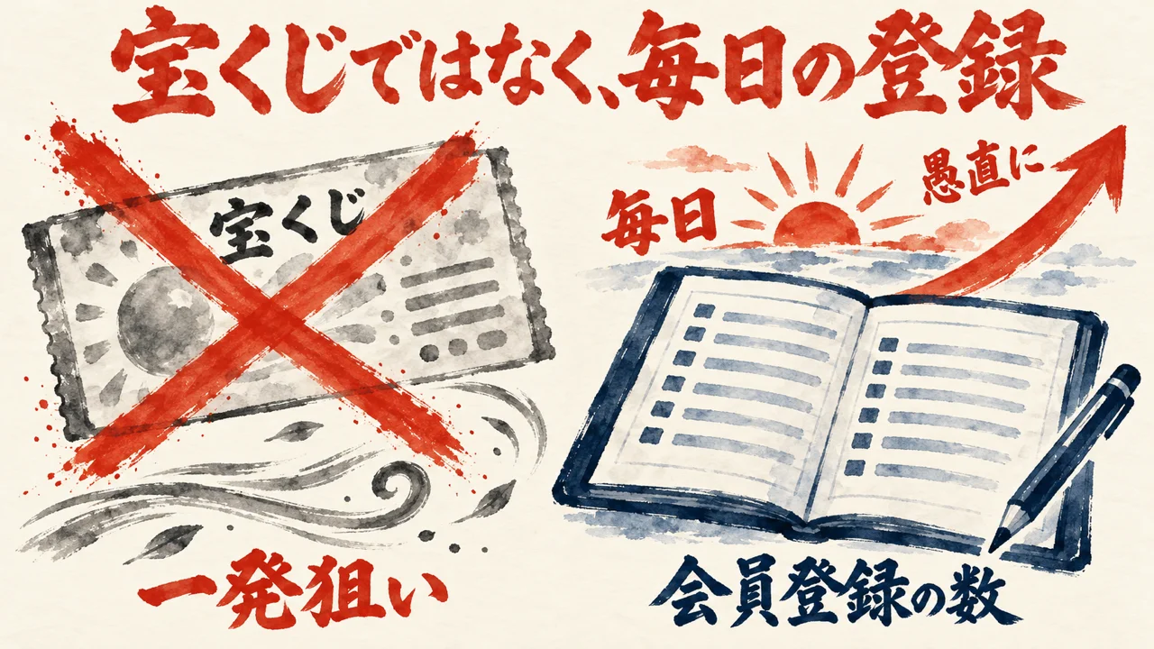 左は宝くじの券に大きなバツ印がつき、一発狙いの題。右は会員登録の数の台帳と鉛筆、毎日の太陽、愚直にの矢印が右上へ伸びる図解