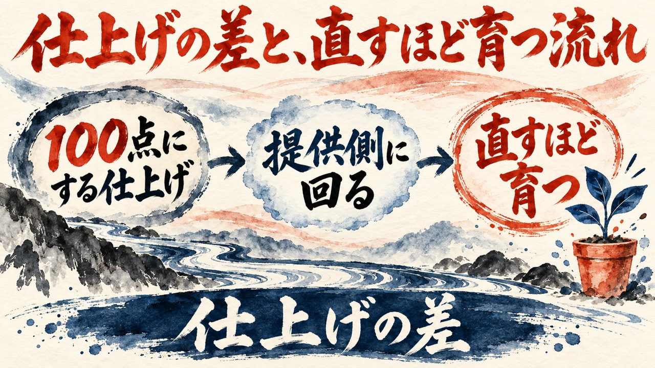 図解。100点にする仕上げ、提供側に回る、直すほど育つ、の三つの丸い札が矢印で並び、川の流れと芽の出た鉢植えの水彩画が描かれ、下の帯に仕上げの差の文字。見出しは仕上げの差と、直すほど育つ流れ