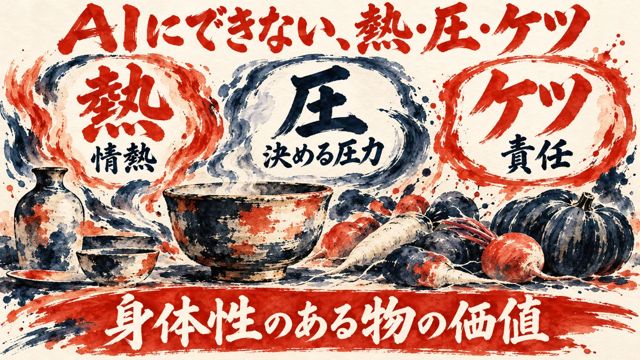 図解。熱は情熱、圧は決める圧力、ケツは責任の三つが並び、土の器と野菜の水彩画が添えられている。下の帯は、身体性のある物の価値。見出しは、AIにできない、熱・圧・ケツ