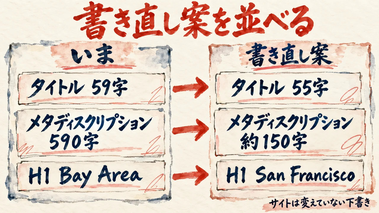 書き直し案のBeforeとAfterを並べた比較の図解。タイトルは59字から55字、メタディスクリプションは590字から約150字、H1はBay AreaからSan Franciscoへ