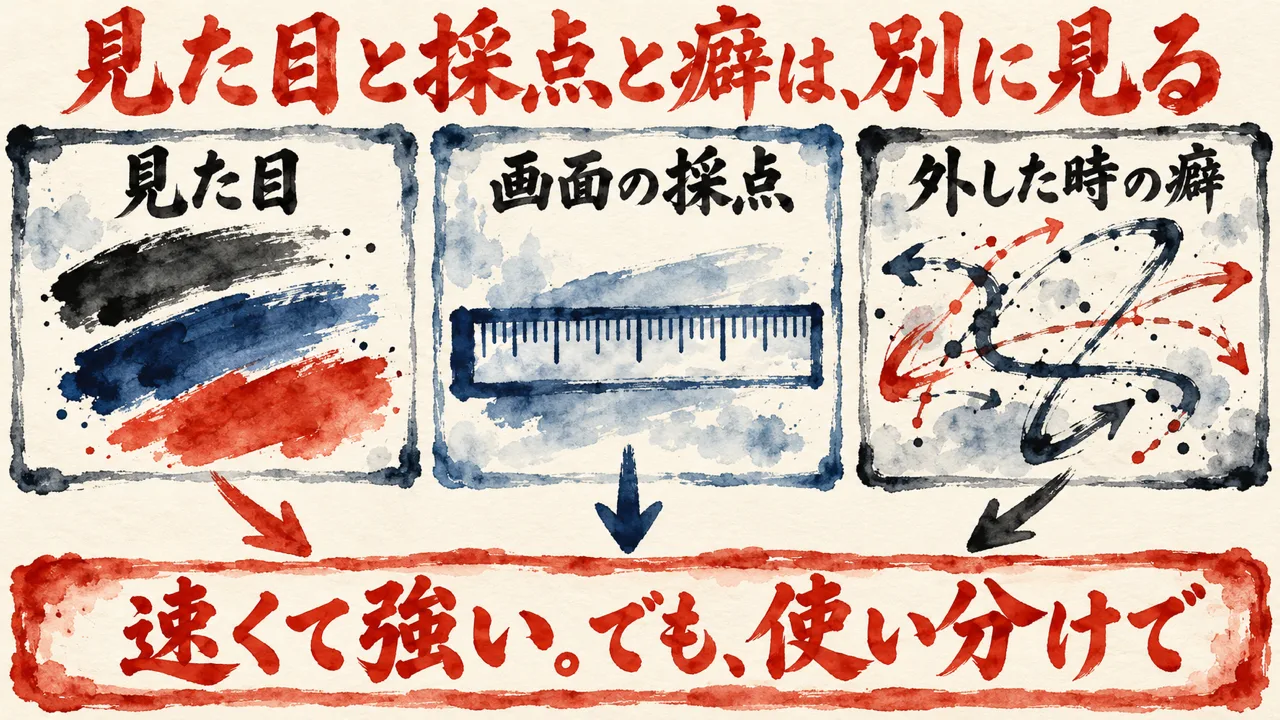 デモの評価の図解。見た目が上がったこと、画面の採点、外した時の癖の3つを別々のカードにして、速くて強いと書いても使い分けを添えると示している