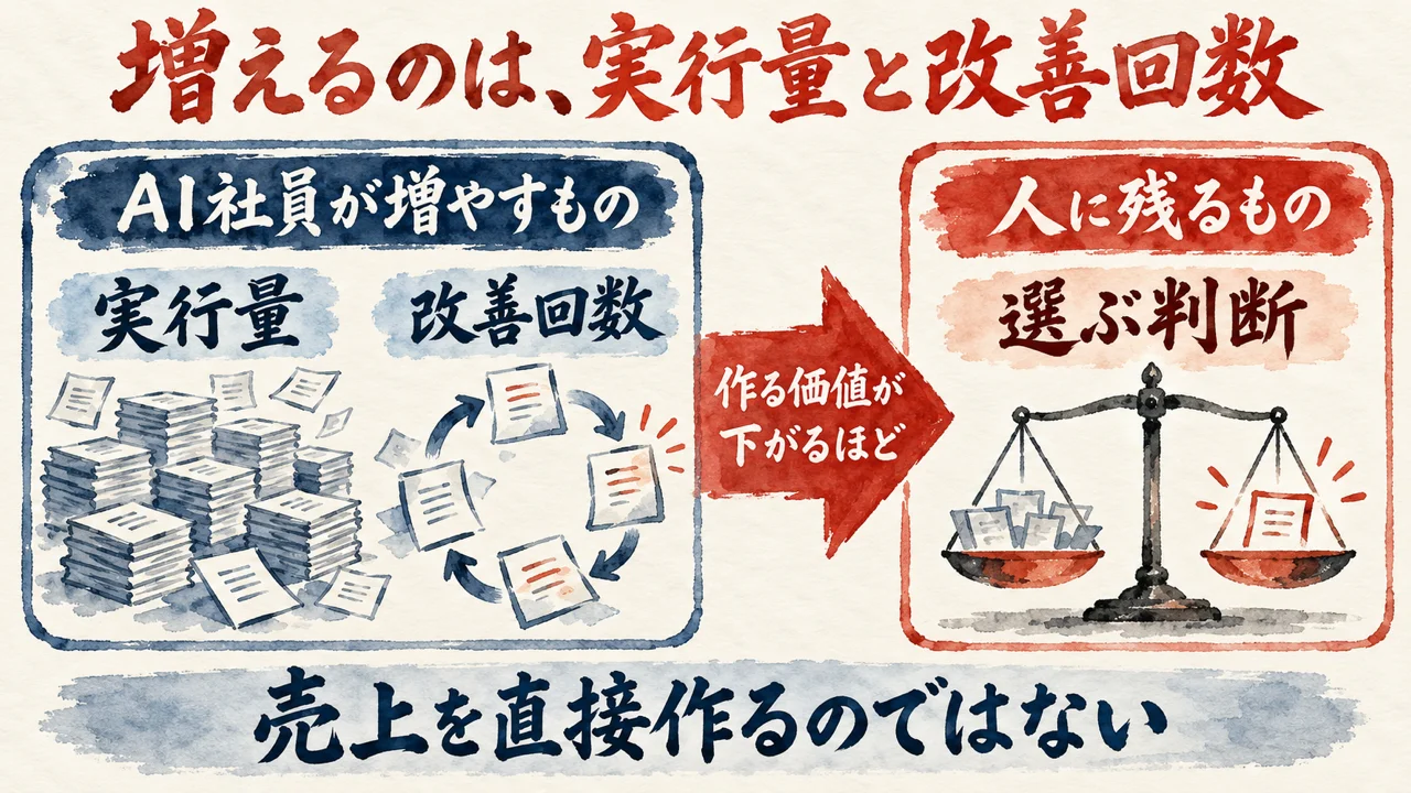 AI社員が増やすものの図解。AI社員が直接売上を作るのではなく、増やすのは実行量と改善回数、作る価値が下がるほど選ぶ判断の価値が上がる、と左右に分けて示している