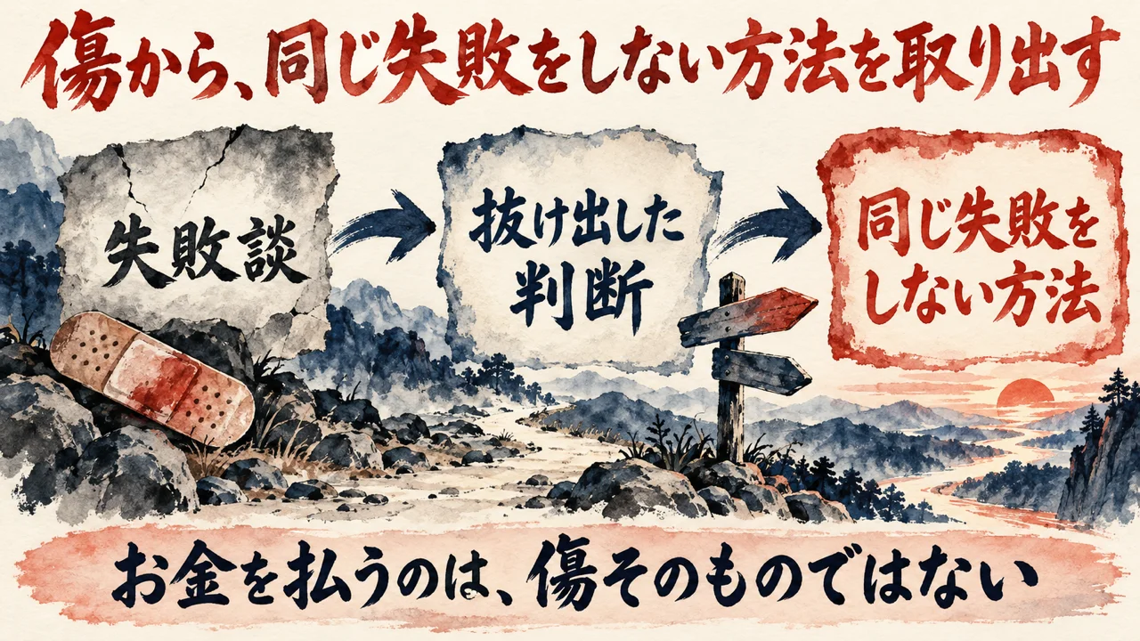 失敗談だけでは売れない。抜け出した判断までがセット。読者が買うのは同じ失敗をしない方法、と描いた水彩の図解