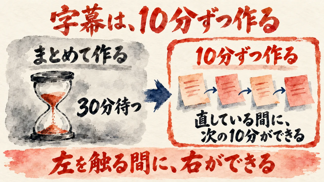 字幕を10分ずつ区切って作る流れの図解