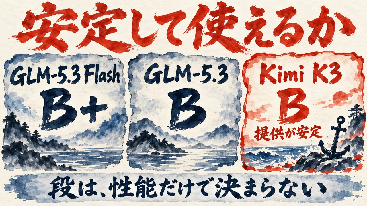 GLM-5.3・GLM-5.3 Flash・Kimi K3 の段を並べた図解