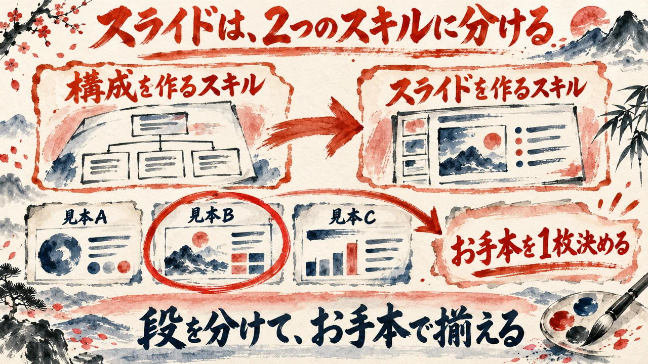 スライド作りを、構成を作るスキルと、スライドを作るスキルの2つに分けて、矢印でつなぐ図解。下に、見本A・B・Cのうち見本Bを丸で囲み、お手本を1枚決めて揃える流れを並べている