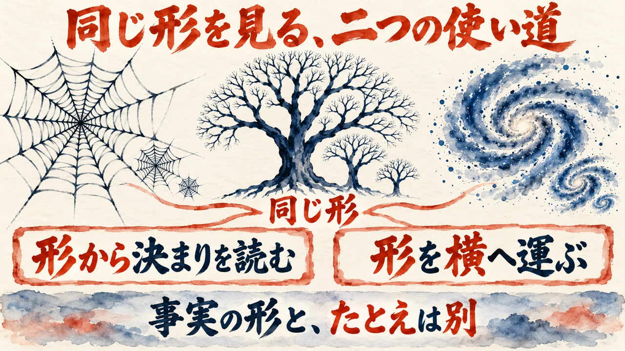 同じ形が大きさを変えて現れる図解。上に蜘蛛の巣、枝分かれした木、銀河の渦を並べ、下に、形から決まりを読む、形を横へ運ぶ、の二つの札を置き、一番下に、事実の形と、たとえは別、と添えている