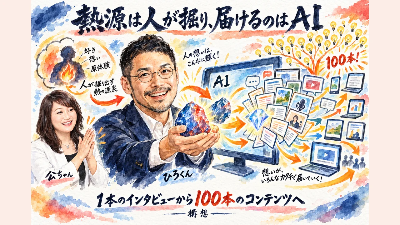 ひろくんが熱源の原石をAIへ渡し、1本のインタビューが100本のコンテンツへ広がる案を描いたグラレコ