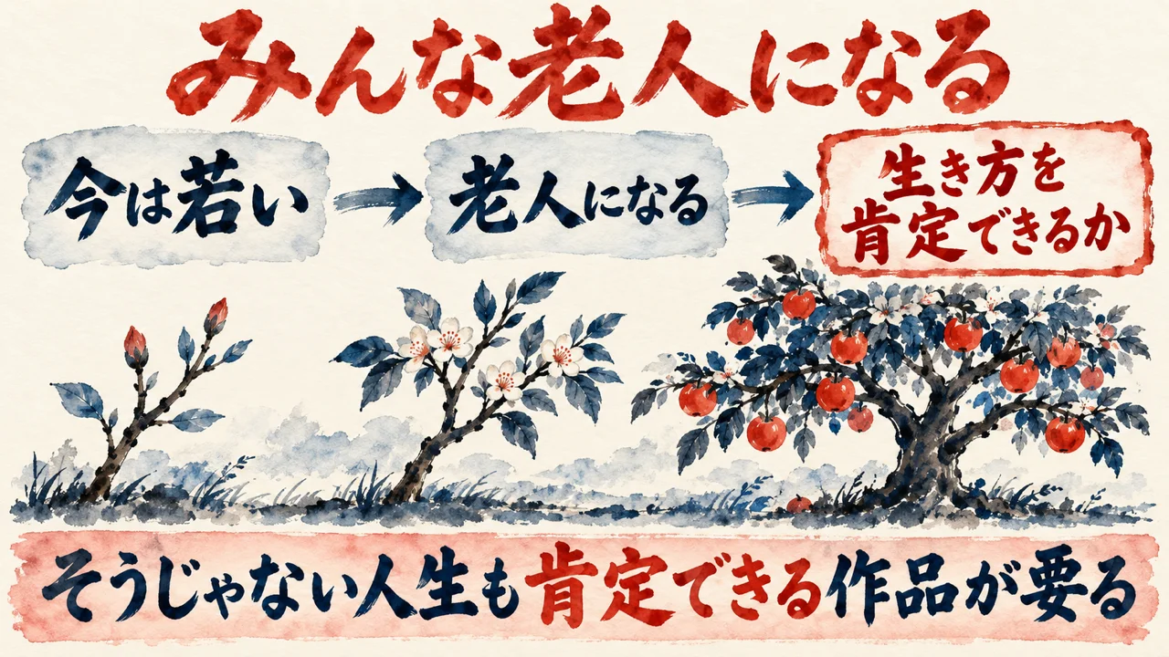 みんな老人になる、の図解。左に今は若い、中央に老人になる、右に自分の生き方を肯定できるか、と矢印で並び、下にそうじゃない人生も肯定できる作品が要る、と添えている