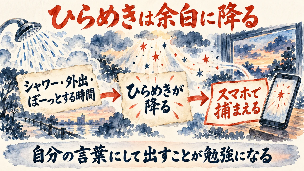 ひらめきは何もしていない時に降る、という図解。左にシャワー・外出・ぼーっとする時間、中央にひらめきが降る、右にスマホで捕まえる、と矢印で並び、下に自分の言葉にして出すことが勉強になる、と添えている