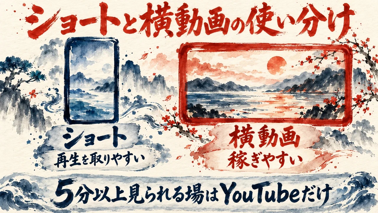 左のショートは再生を取りやすい、右の横動画は稼ぎやすい、下に5分以上見られる場はYouTubeだけ、と示す水彩の図解
