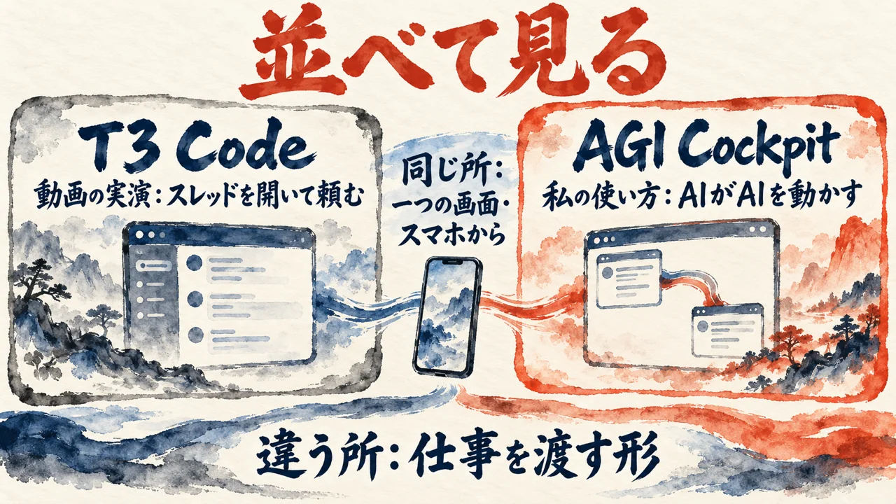 比較の図解。左の灰色のカードにT3 Codeと動画の実演でスレッドを開いて頼む、右の朱色の枠のカードにAGI Cockpitと私の使い方でAIがAIを動かす、と並べ、間の帯に同じ所として一つの画面・スマホから、下の帯に違う所として仕事を渡す形、と添えている