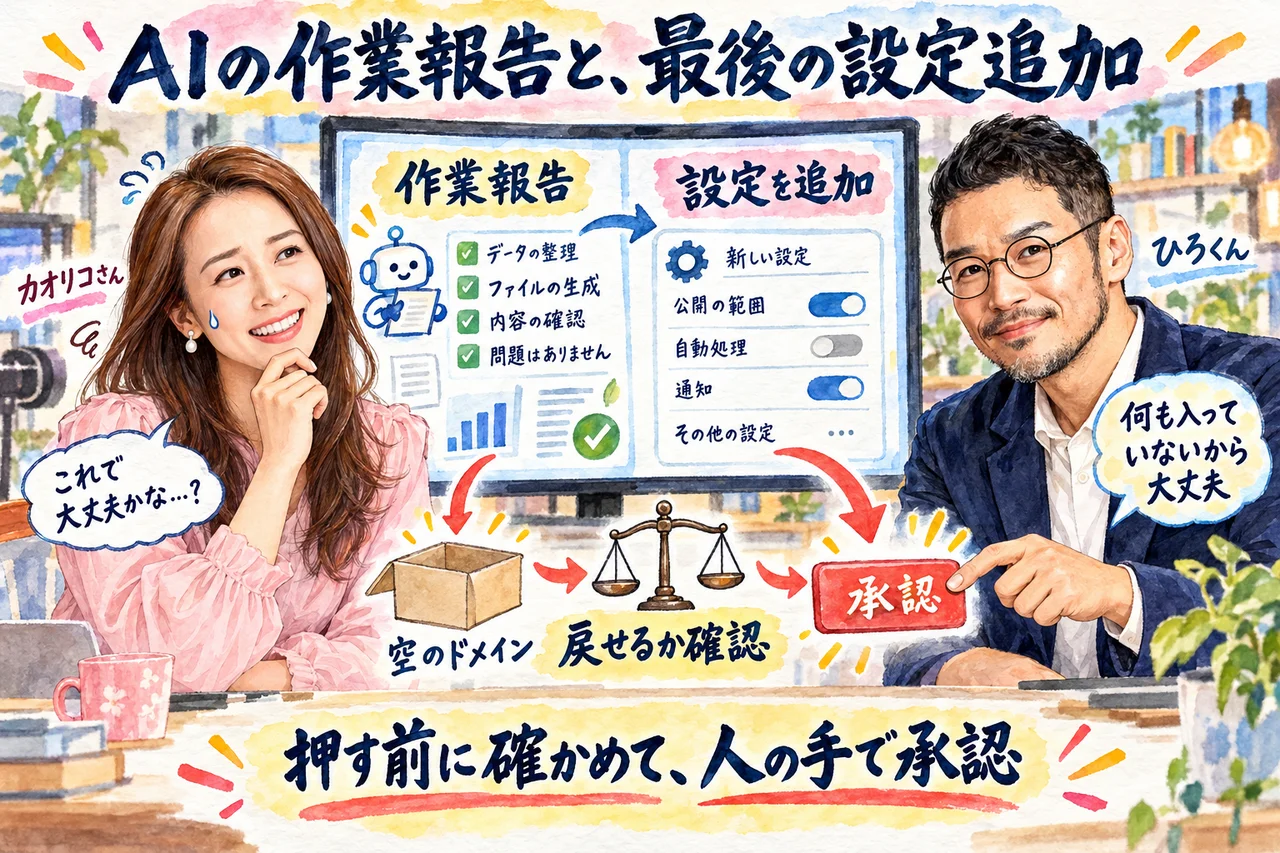 最後の設定追加は人の手で承認｜カオリコさんが押す前に、ひろくんが何も入っていないドメインだから大丈夫と伝える場面