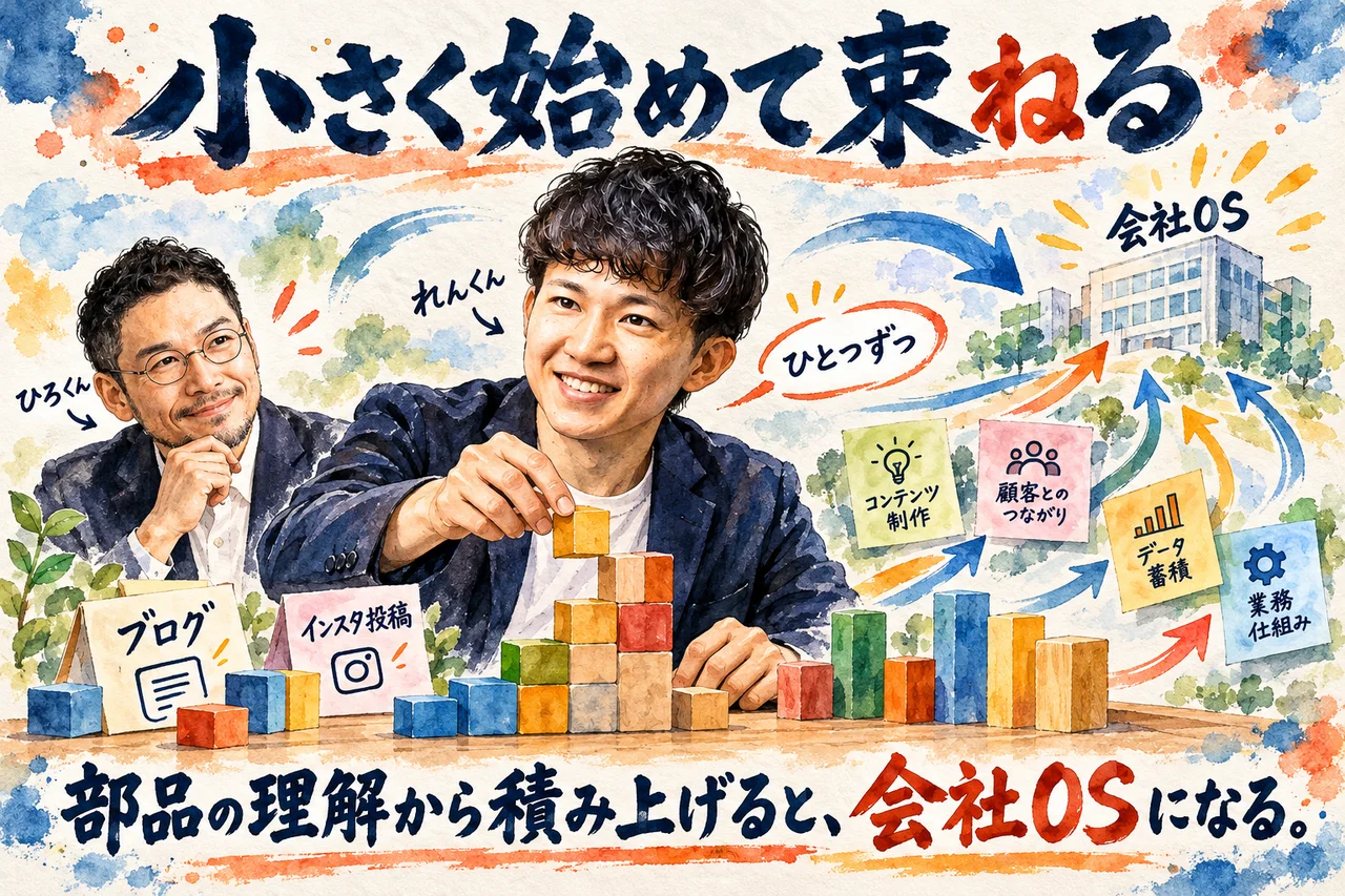 小さく始めて束ねる｜れんくんが積み木を積み、部品から会社OSへ積み上げる場面