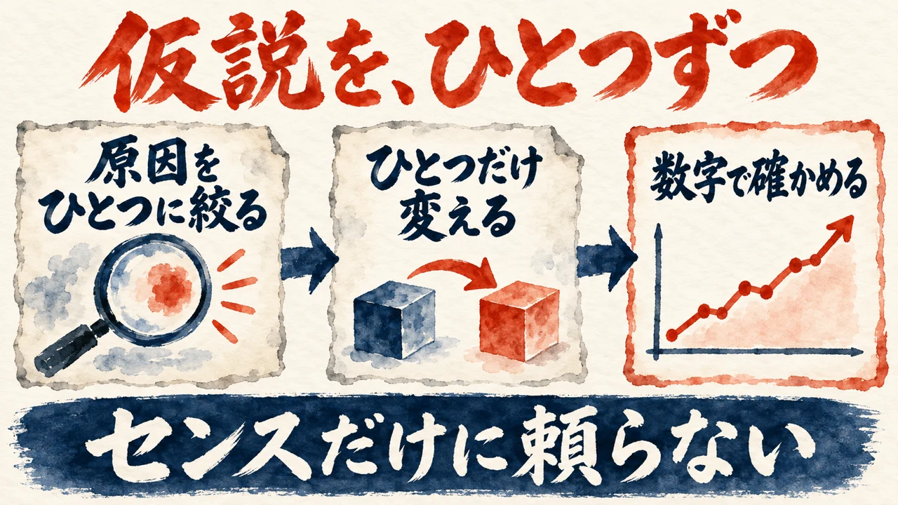 仮説を一つずつ立てる図解。原因をひとつに絞る、ひとつだけ変える、数字で確かめる、の3枚の札が矢印でつながり、下の帯にセンスだけに頼らないと書かれている。