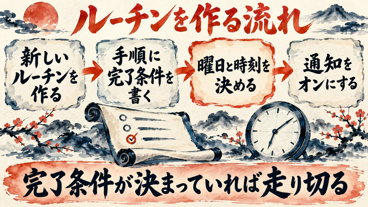 ルーチンの作り方の図解。左から、新しいルーチンを作る、手順に完了条件を書く、曜日と時刻を決める、通知をオンにする、の四つの札を矢印で並べ、下に完了条件が決まっていればそのまま走り切る、と添えている