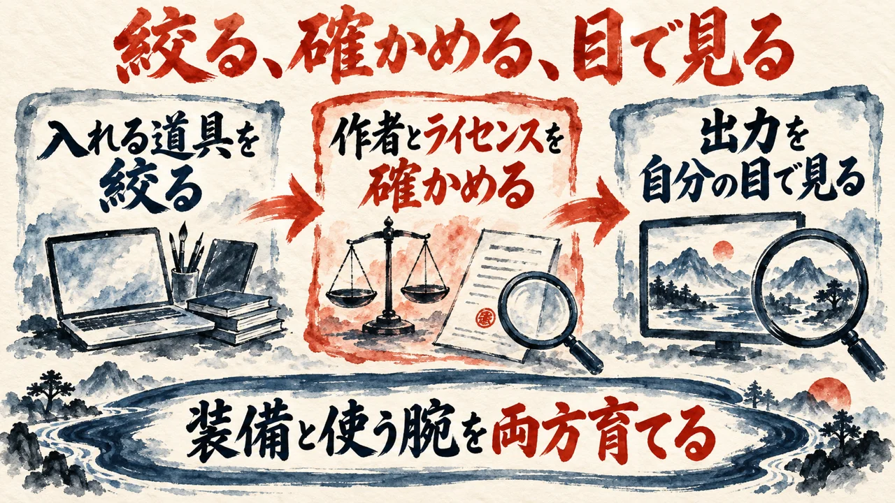 入れすぎない章の図解。左の札に入れる道具を絞る、中央の朱色の札に作者とライセンスを確かめる、右の札に出力を自分の目で見る、を矢印で並べ、下の帯に装備と使う腕を両方育てる、と書かれている