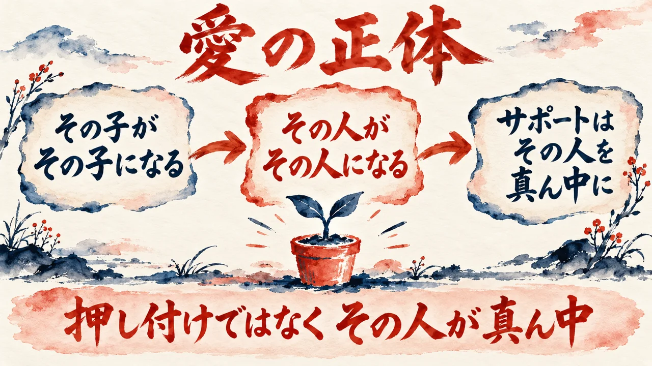愛の正体の図解。左の札にその子がその子になる、中央の朱色の枠の札にその人がその人になる、右の札にサポートはその人を真ん中に、を矢印でつなぎ、下の帯に押し付けではなくその人が真ん中、と書かれている