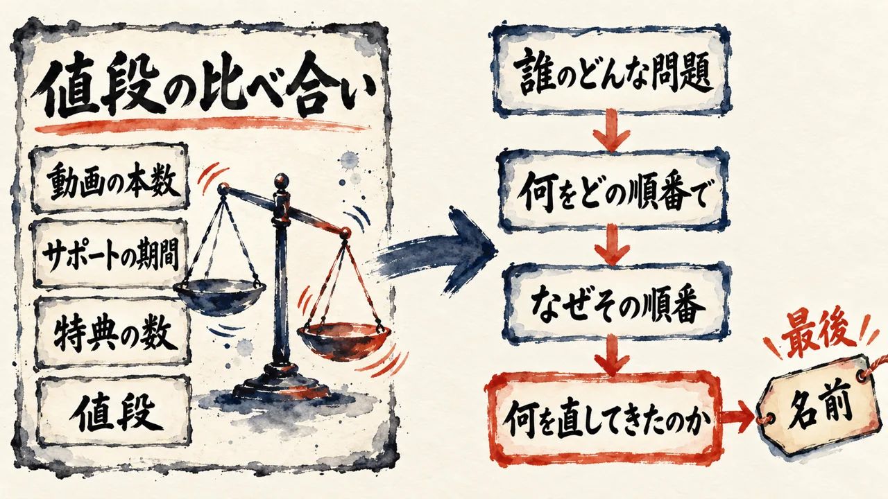 値段の比べ合い(動画の本数・サポートの期間・特典の数・値段)の前と、誰のどんな問題、順番、なぜその順番、何を直してきたのかを経て最後に名前が付く後を比べた前後の図解