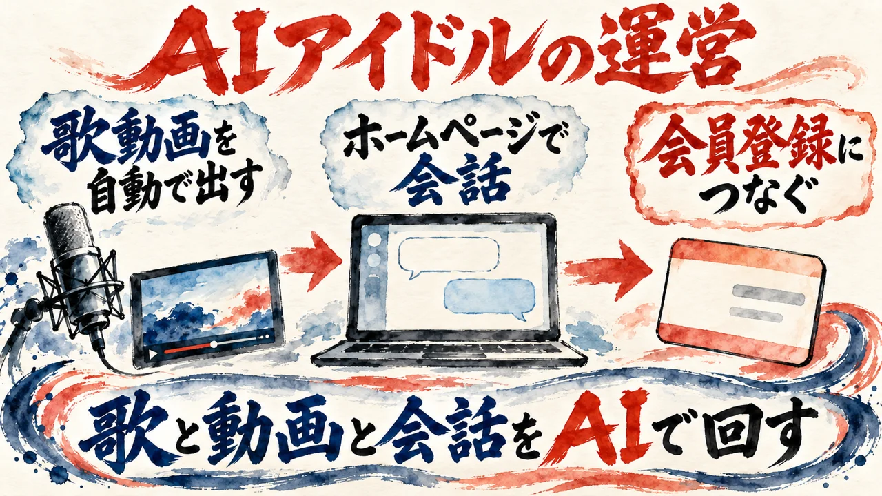AIアイドルの運営の図解。歌動画を自動で出す、ホームページで会話、会員登録につなぐ、の3枚の札が矢印でつながり、下の帯に歌と動画と会話をAIで回すと書かれている。