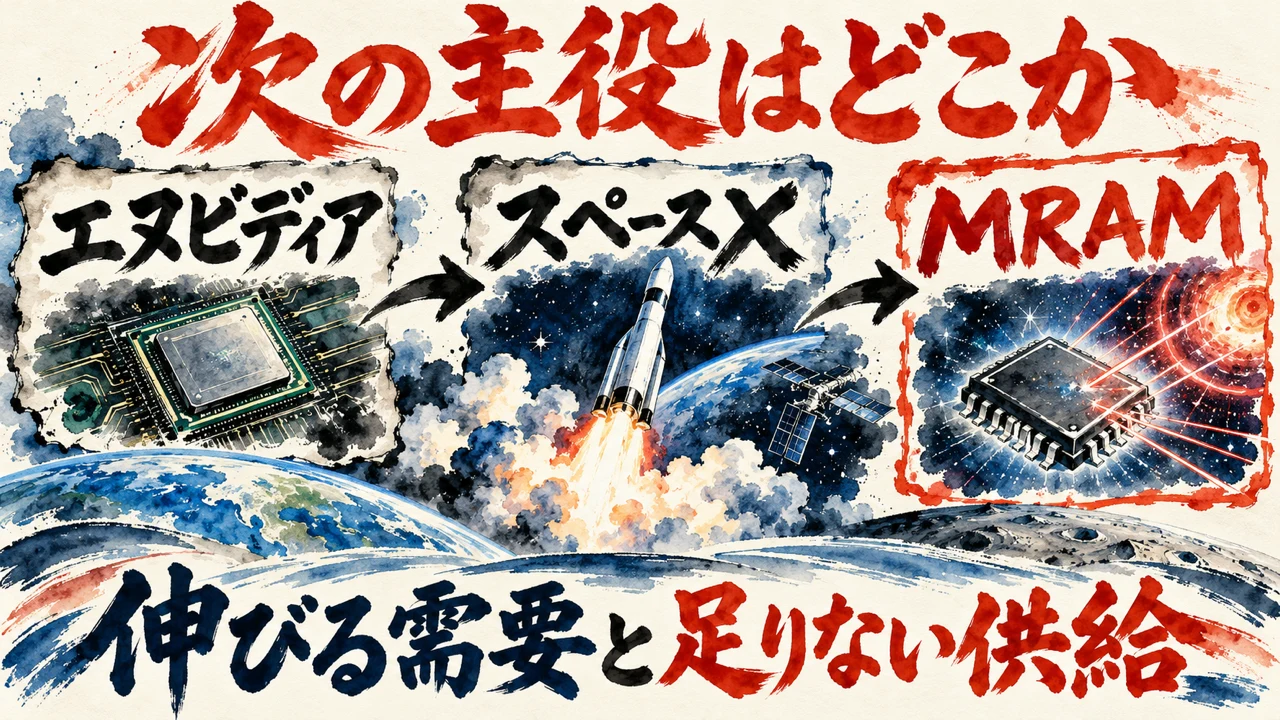 和紙に描いた水彩の図解。エヌビディアのチップ、スペースXのロケット、MRAMのチップが矢印で並び、地球と衛星が描かれ、下の帯に伸びる需要と足りない供給、と書かれている。