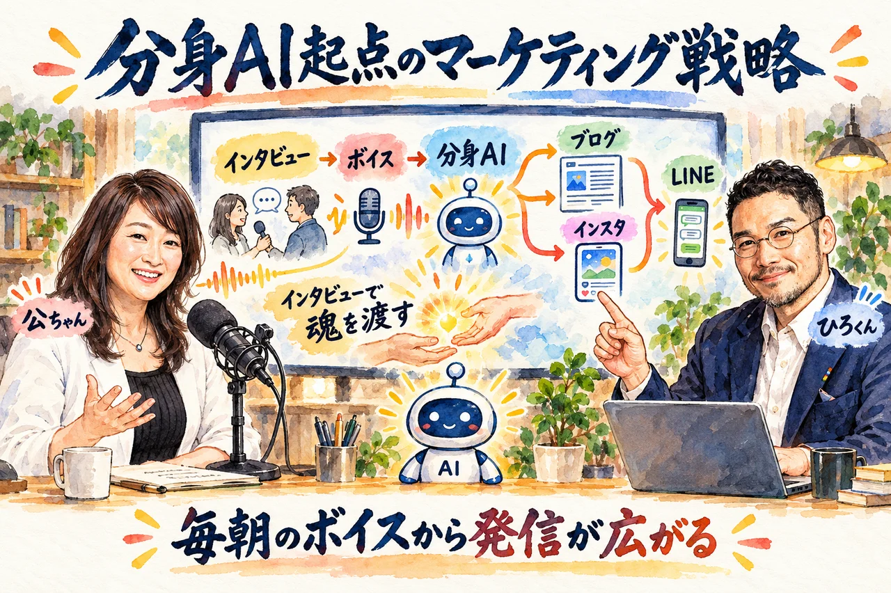分身AI起点のマーケティング戦略｜公ちゃんが毎朝のボイスを吹き込み、ひろくんが分身AIの発信の流れを図で説明する場面