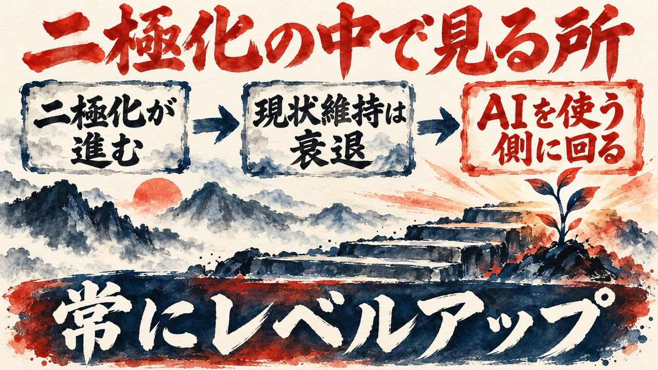 「二極化の中で見る所」の図解。「二極化が進む」「現状維持は衰退」「AIを使う側に回る」の三つの札と、階段を上る芽の水彩画。下の帯に「常にレベルアップ」
